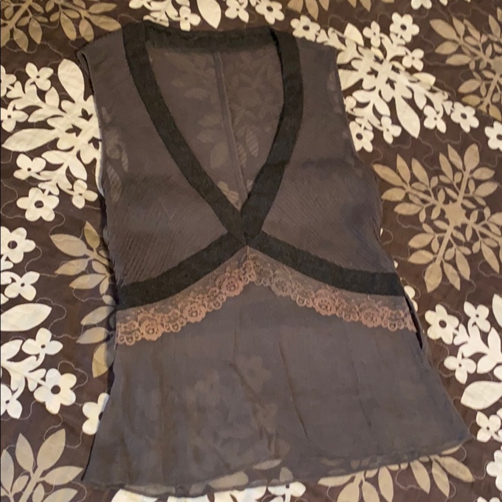 Runway Sample Donna Karan Signature Sheer Chiffon Lace Detail Top early 2000s